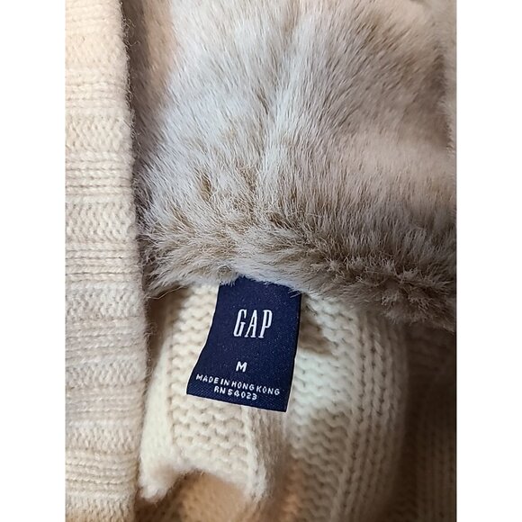 Vtg GAP Sweater Womens Medium Cable Knit Wool Faux Fur Hood Cardigan Chunky Y2K - Picture 8 of 15